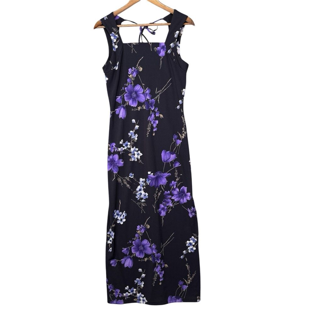 Vintage 90s Y2K Floral Long Maxi Dress Square Neck Medium Sleeveless Black Slit
